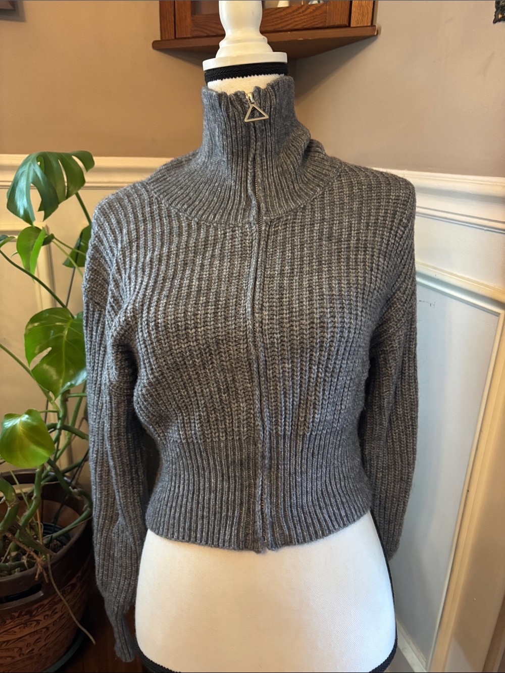Cider Gray Ribbed Zip-Up Turtleneck Sweater